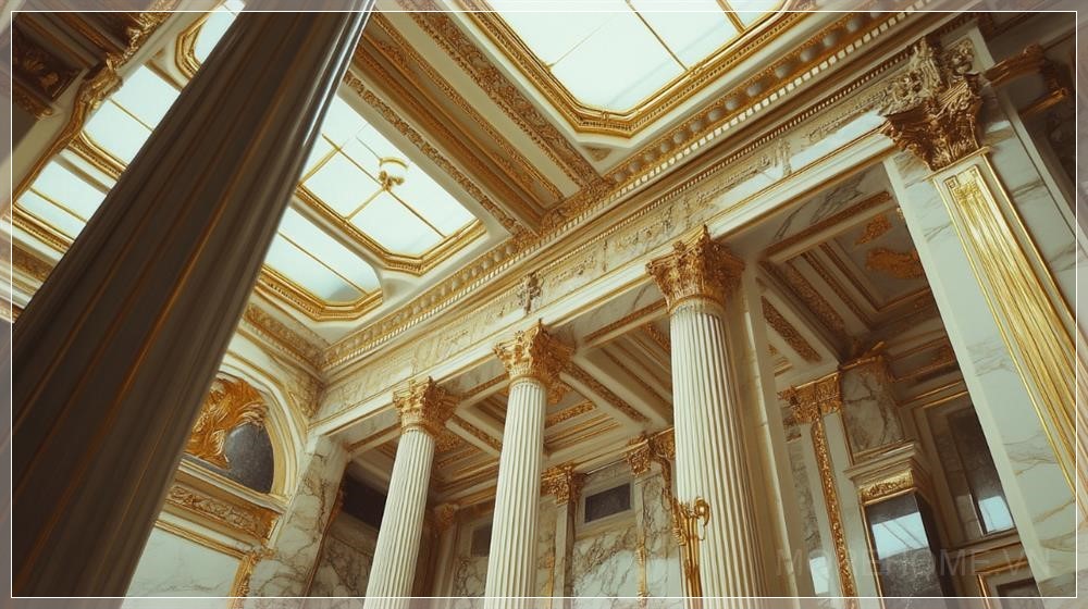 Trần vẽ với kính trong đại sảnh đá cẩm thạch Baroque có cột, màu be với chi tiết vàng