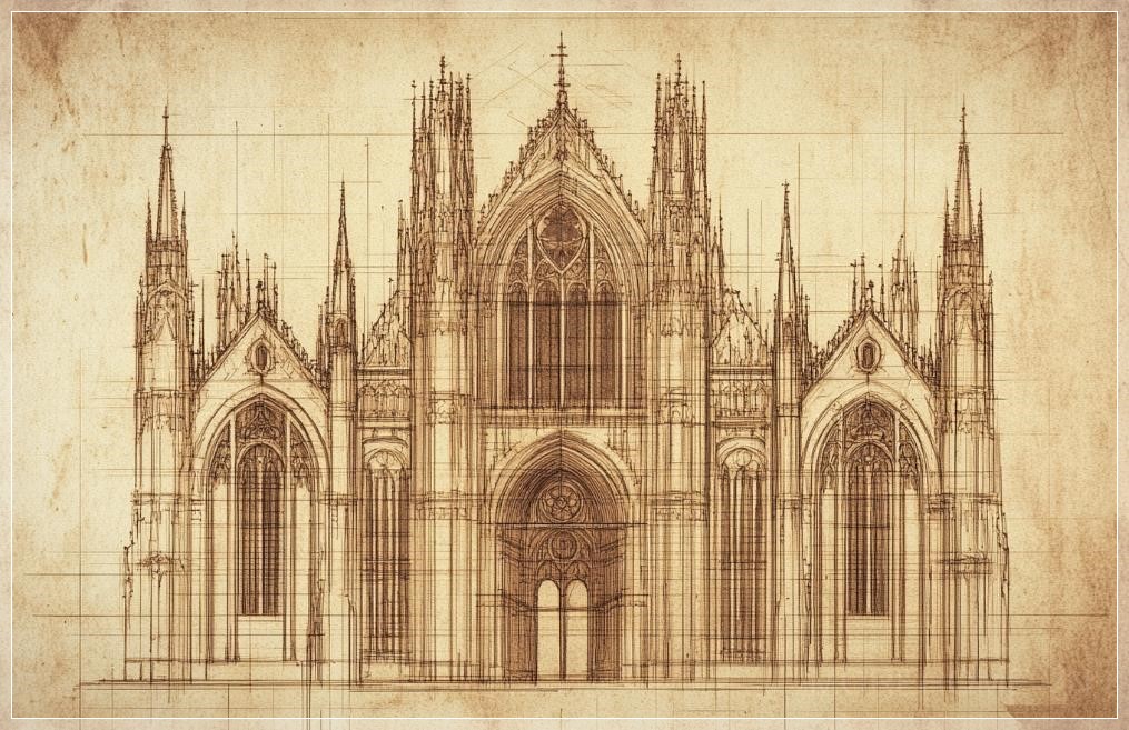Phác thảo mặt đứng kỹ thuật của mặt tiền nhà thờ gothic