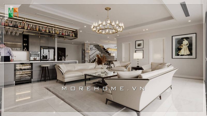 Tone màu trắng làm chủ đạo, bộ bàn ghế sofa cao cấp màu trắng là một sự kết hợp hoàn hảo để tạo nên một không gian phòng khách tinh tế và tiện nghi.